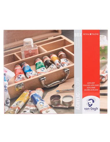 Set de pinturas acrílicas en una caja de madera básica con 10 colores en tubos de 40 ml + accesorios