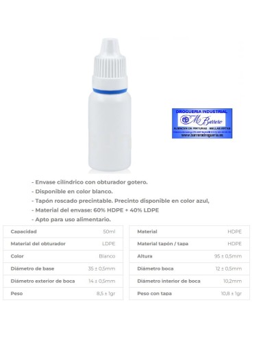 BOTELLA GOTERO 50 ML BLANCO T/ BLANCO Y OBTURADOR