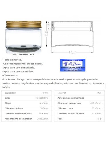 TARRO 100 ML DIAMETRO 70 mm - CON TAPA NEGRA MATE UD