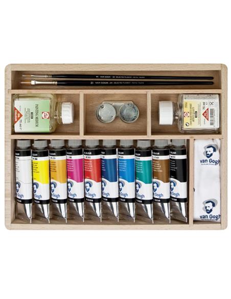 Set básico de pinturas al óleo en caja de madera con 10 colores en tubos de 40 ml + accesorios