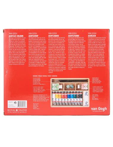 Set de pinturas acrílicas en una caja de madera básica con 10 colores en tubos de 40 ml + accesorios
