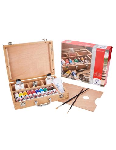 Set de pinturas acrílicas en una caja de madera básica con 10 colores en tubos de 40 ml + accesorios
